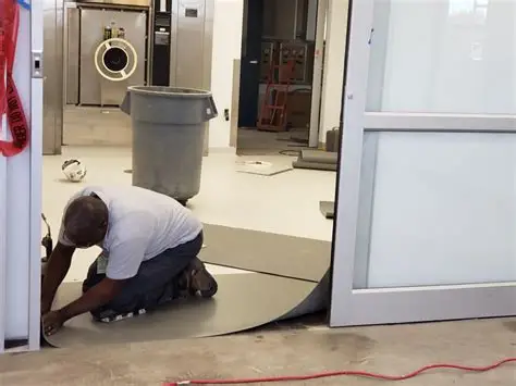 CCS installer fitting resilient sheet flooring in an industrial facility